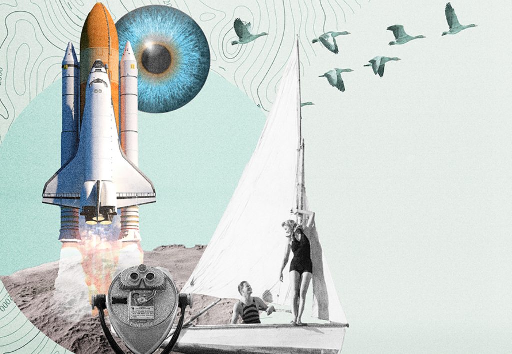 A collage of rocket ship, a sailboat, and flying geese